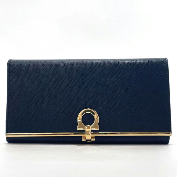 Salvatore Ferragamo Gancini Navy Leather Wallet with Gold-Tone Hardware